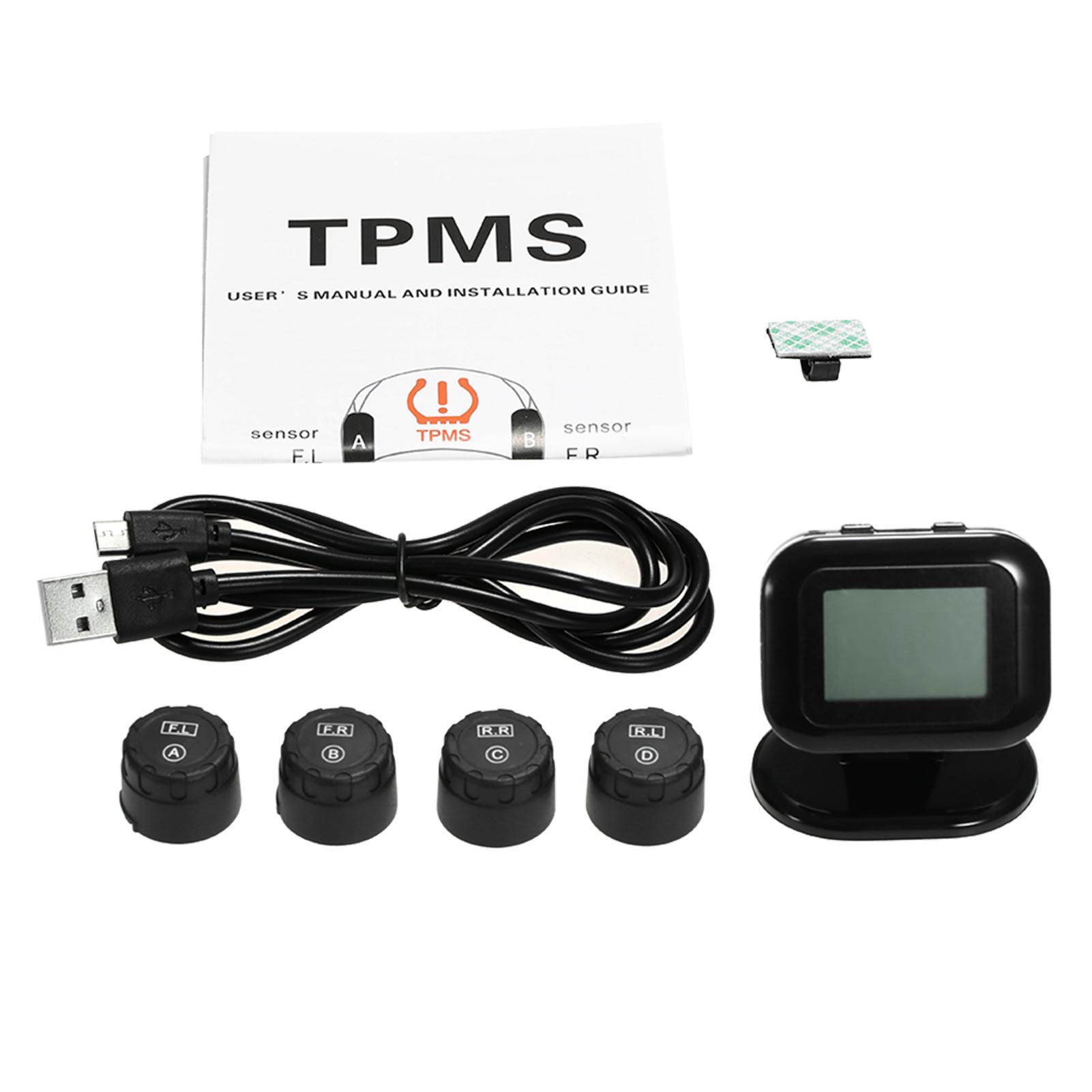 TPMS Tire Pressure Monitoring System Wireless Real-time LCD Display 4 External Sensors Alarm Function