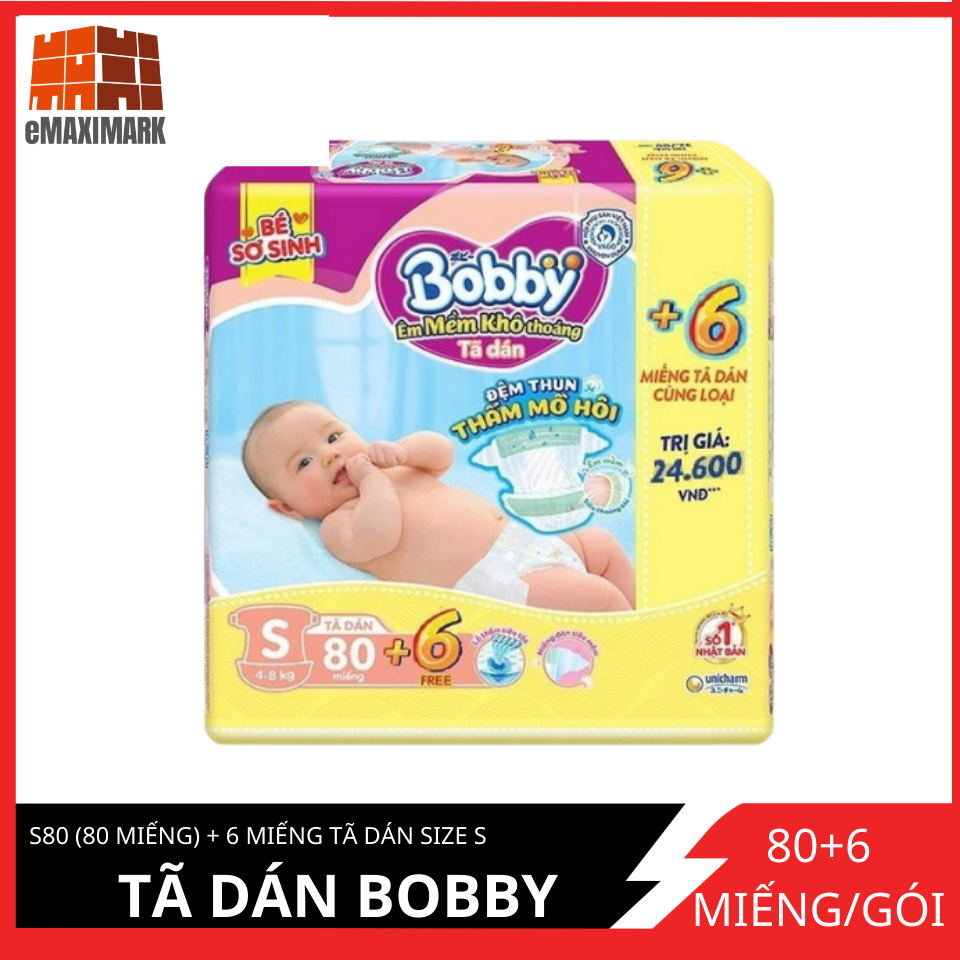 Tã Dán Bobby Điệm Thun Thấm Mồ Hôi S80 (80 Miếng) + 6 Miếng Tã Dán Size S