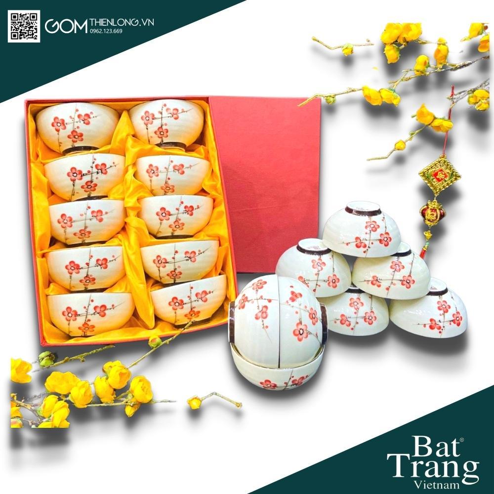 Bát Đĩa Quà Tặng Cao Cấp Vẽ Đào Đỏ - Bộ Bát Đĩa Bát Tràng - Gốm Thiên Long