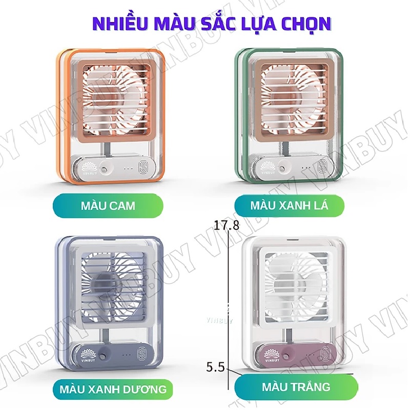 Quạt điều hòa hơi nước mini làm mát không khí để bàn nhỏ gọn, phun sương mạnh nhiều chế độ có bình đựng nước, nốt chạm cảm ứng, pin sạc tích điện, có đèn