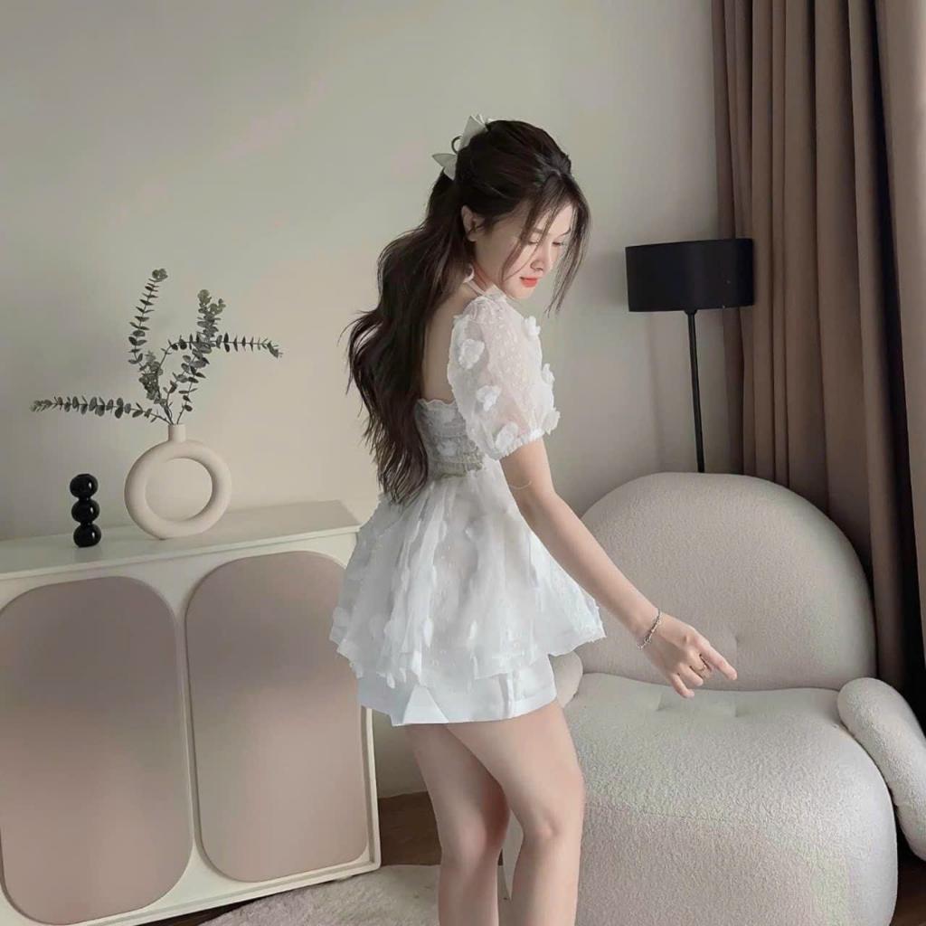 Sét bộ xô bông nổi áo vạt xoè cổ phối dây mocking thân sau kèm quần ngắn
