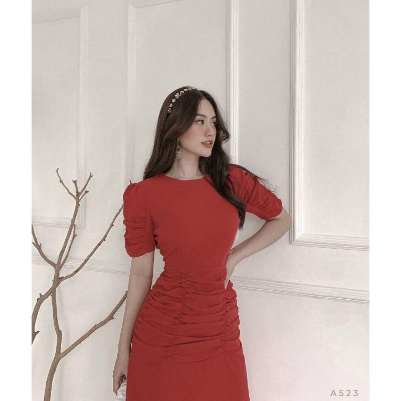 Đầm váy nữ đỏ midi nhún thân TKN