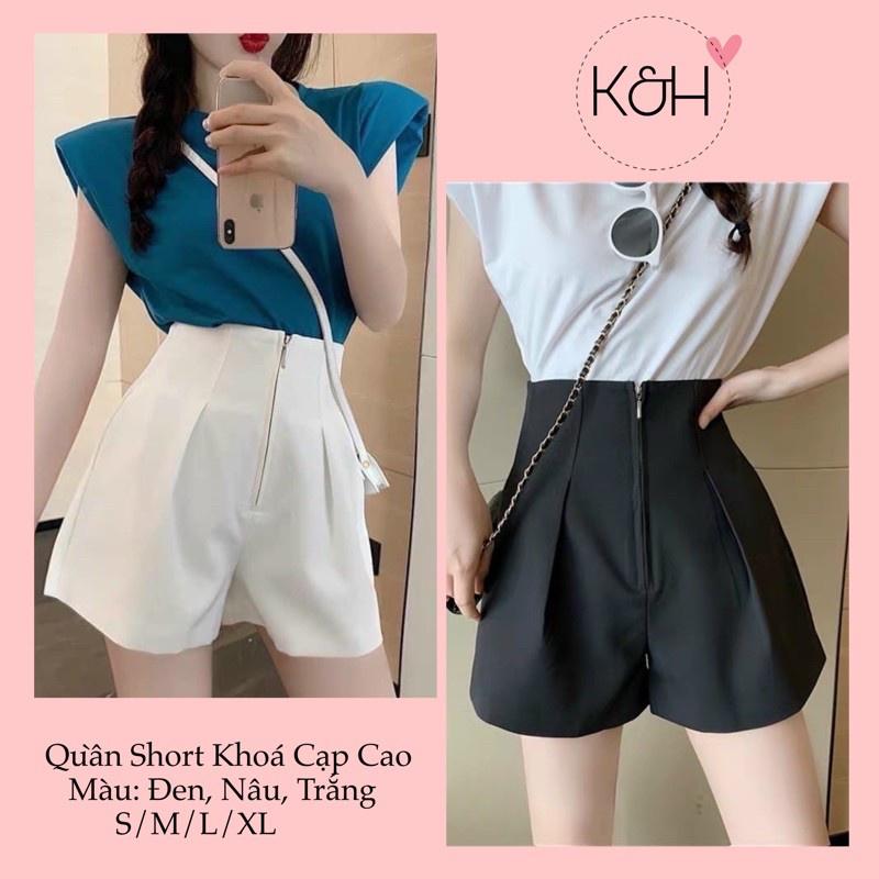 Quần sôc đùi khóa nhôm ống rộng trẻ trung cho nữ, quần short cạp cao khóa giữa KH059