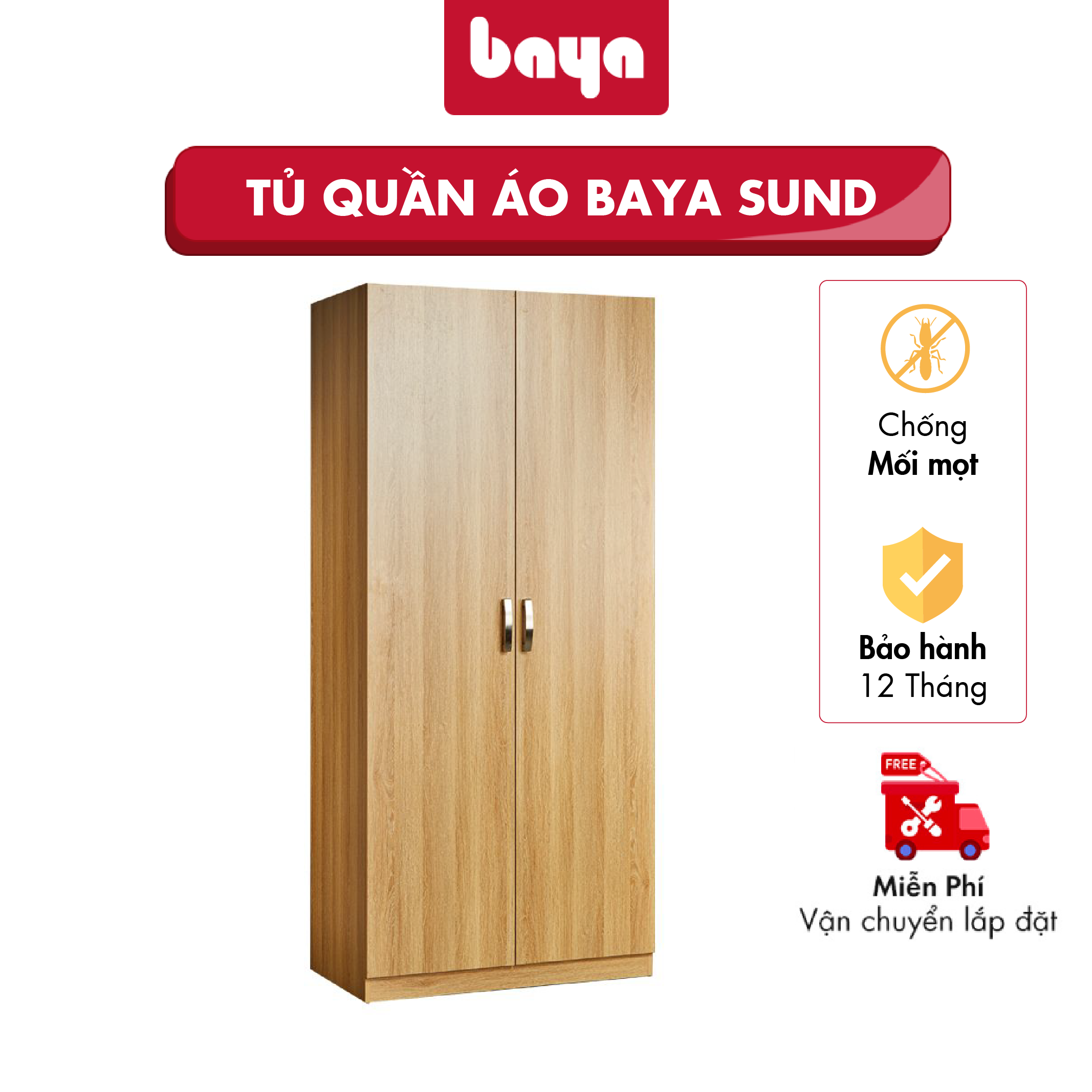 Tủ Quần Áo Gỗ 2 Cánh Phong Cách BAYA Sund Thiết Kế Tủ Rộng Không Có Tấm Chia Ngăn Kèm 1 Thanh Ngang Treo Quần Áo Màu Gỗ Sáng Kích Thước 58x100x220cm 2000472