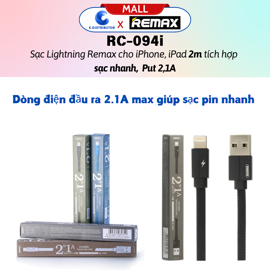Cáp sạc Lightnningg Remax RC094i - Hàng Chính Hãng - Bảo Hành 12 Tháng