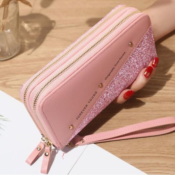 Ví nữ dài cầm tay hai khóa kéo kim tuyến giá rẻ BAG U FOA2N