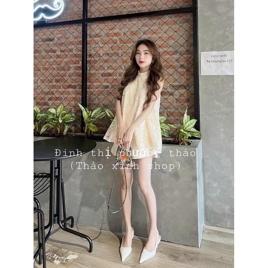 Set bộ đồ nữ cổ yếm xinh xắn với lưới bông 2 lớp dày dặn dành cho các nàng đi chơi, dạo phố