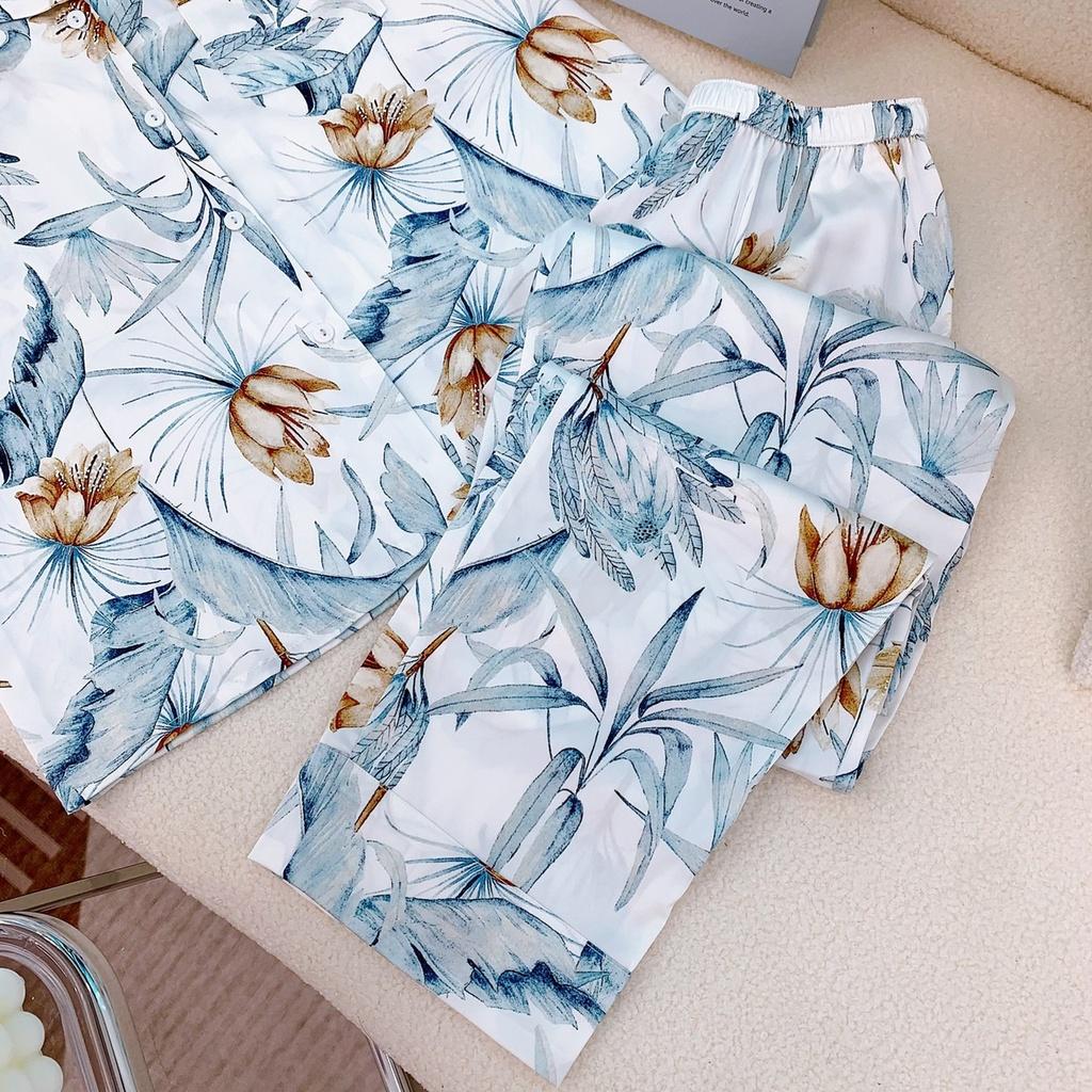 Bộ Mặc Nhà Pyjama Lụa Cao Cấp Tea Store Tay Ngắn Quần Dài Họa tiết Hoa nâu lá xanh 2022