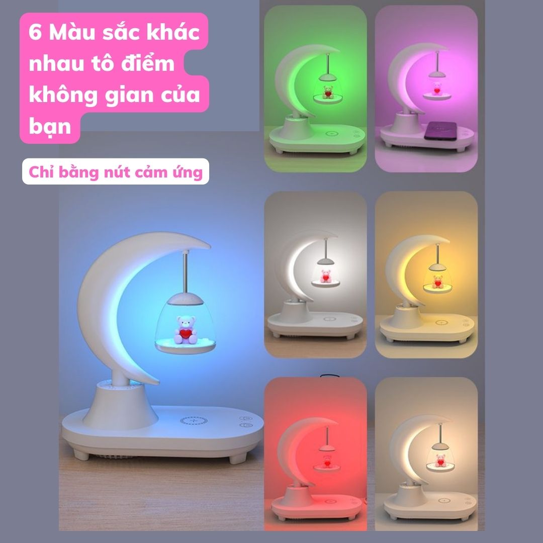 Đèn Ngủ Mặt Trăng Lơ Lửng 3 Trong 1 Mẫu Gấu Thỏ - Đèn decor kiêm sạc không dây, loa bluetooth