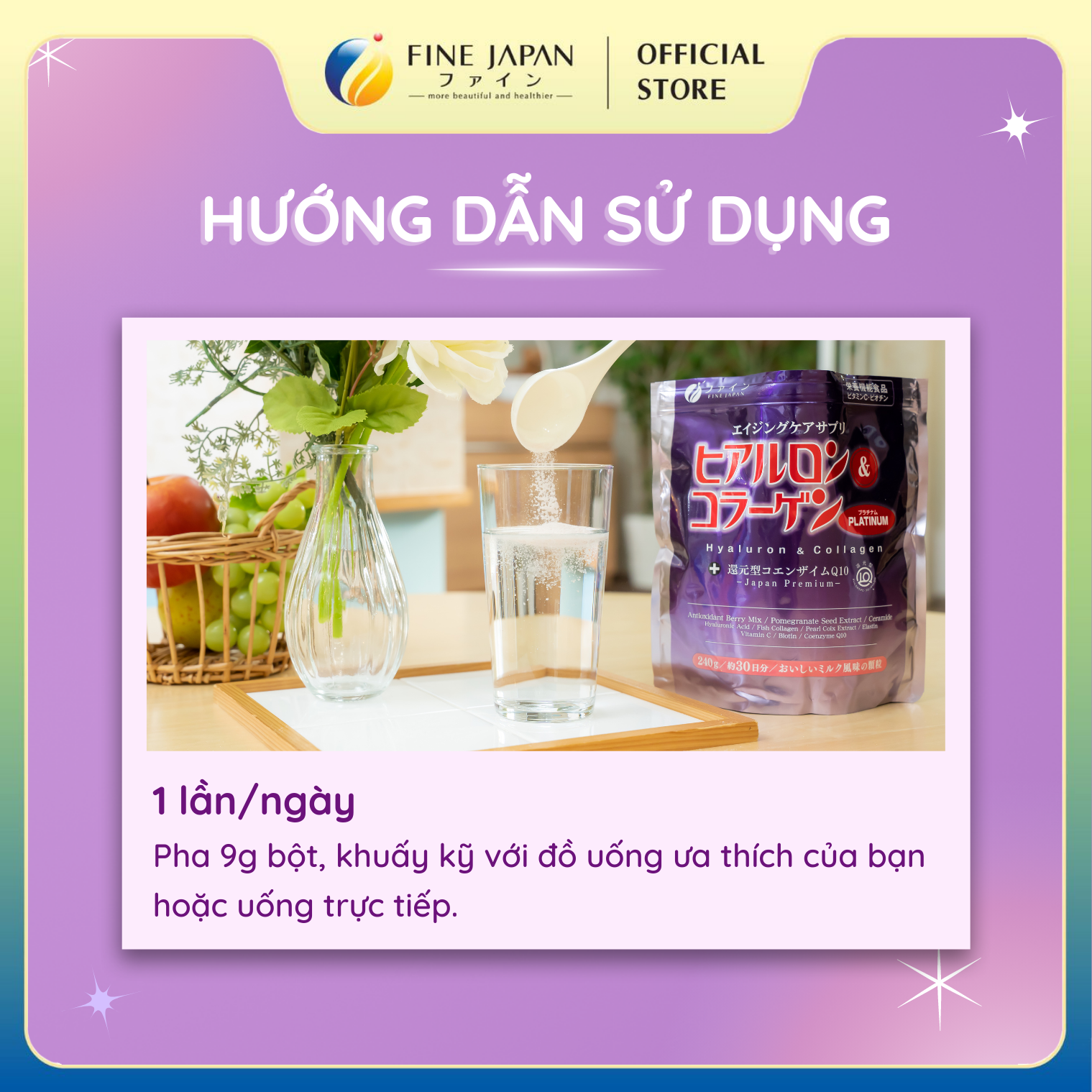 Bột Uống Hyaluron & Collagen + Ubiquinol Platinum FINE JAPAN hạn chế lão hóa da, giúp mịn và trắng da 240gr