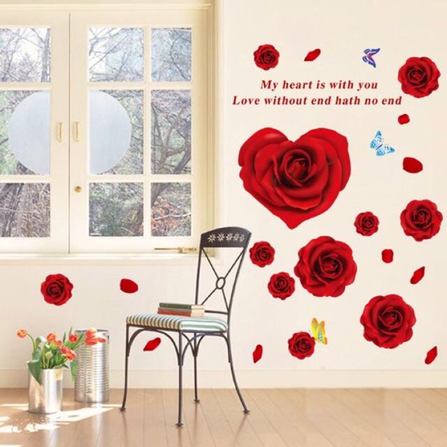 Decal dán tường hoa hồng đỏ 3D