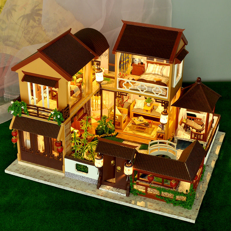 Mô hình nhà DIY Doll House Lotus Pond Moonlight Kèm Hộp nhạc và Mica Chống bụi