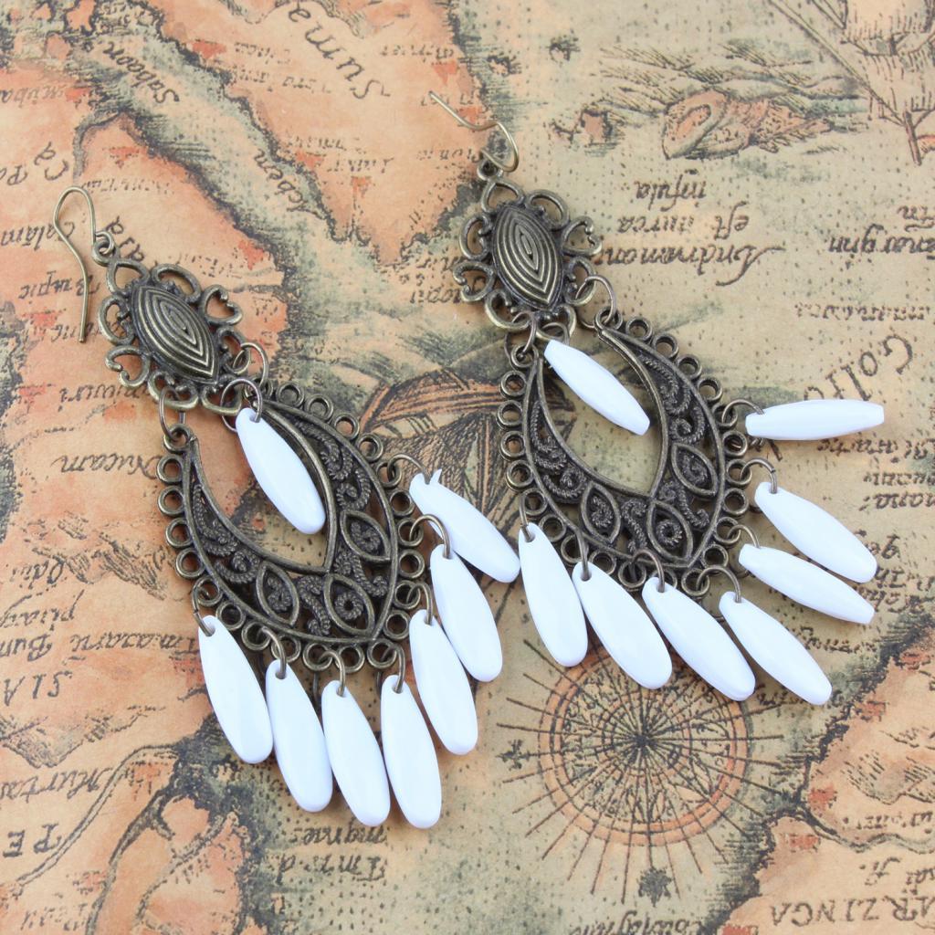 Women Behomia Hollow Flower Alloy Hook Style Earringd Ethnic Odd Beads Dangle Long Tassel Fringe Earrings