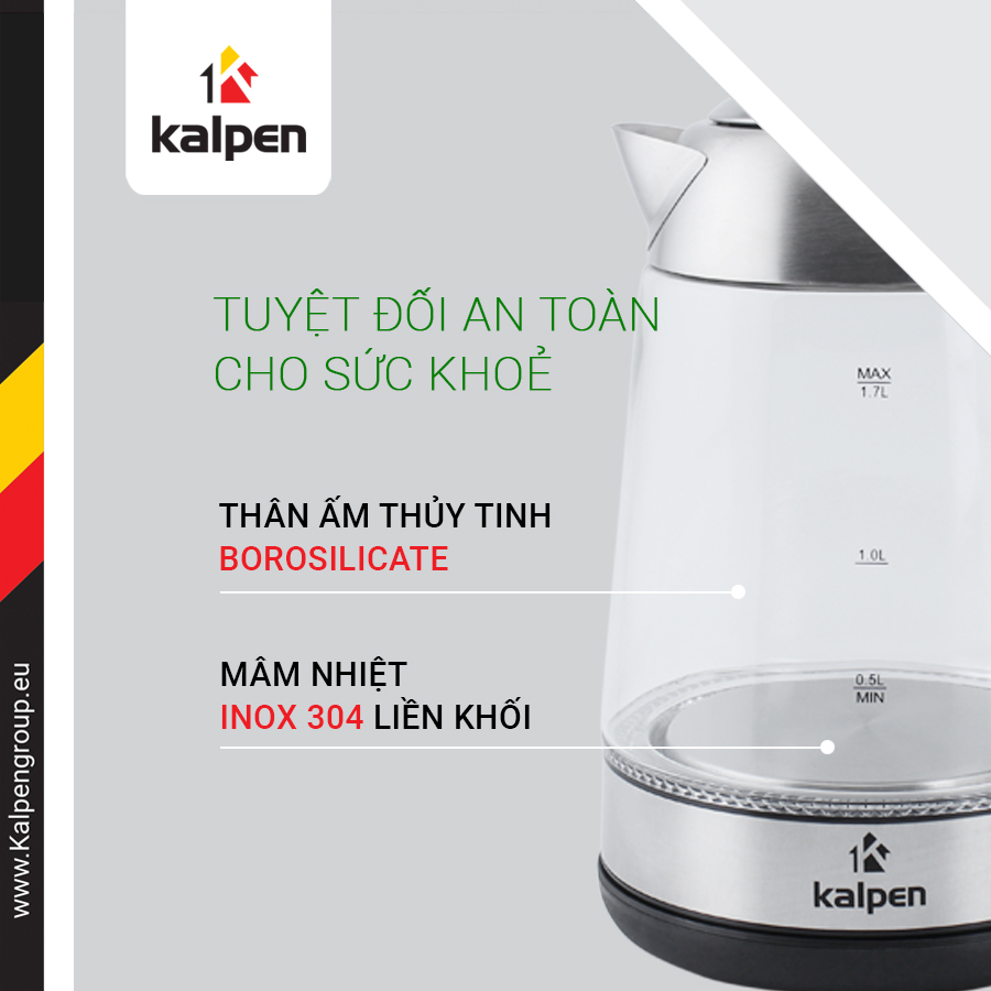 ẤM SIÊU TỐC THỦY TINH ĐIỀU CHỈNH NHIỆT ĐỘ KALPEN KK88, HÀNG NHẬP KHẨU CHÍNH HÃNG