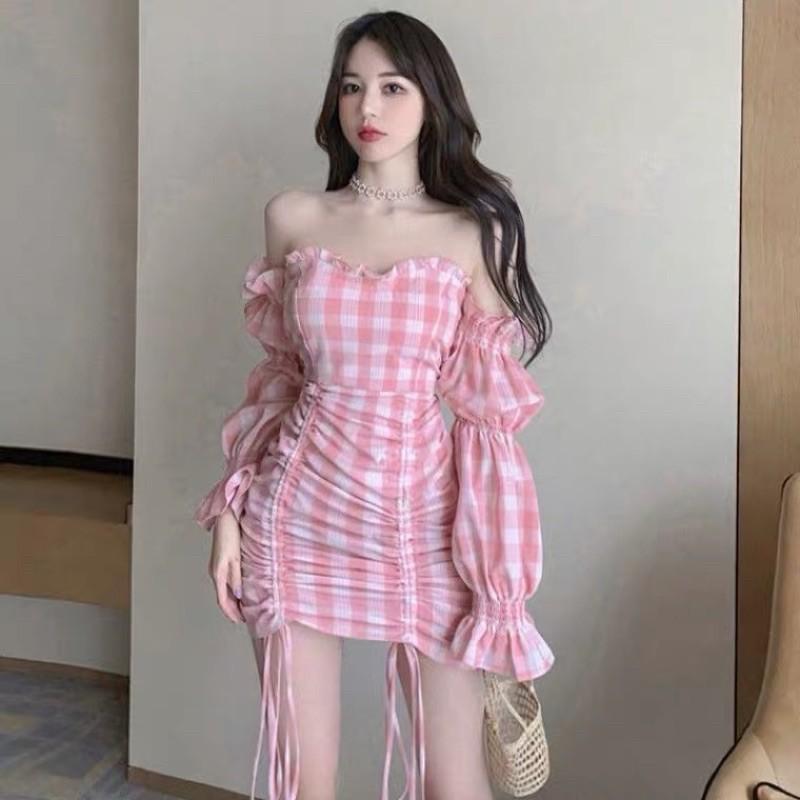 Đầm trễ vai dây rút caro hồng pink mẫu 2021