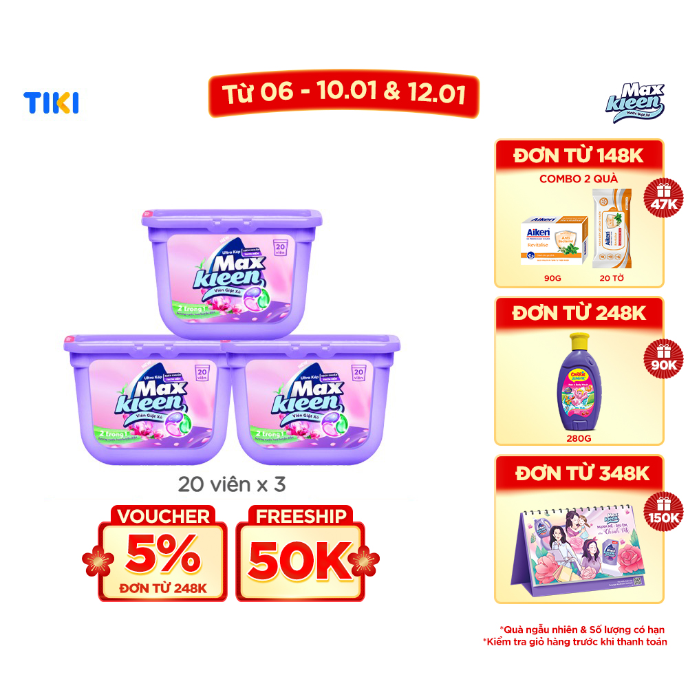 Combo 3 Hộp viên giặt xả MaxKleen 2 trong 1 hương Huyền diệu