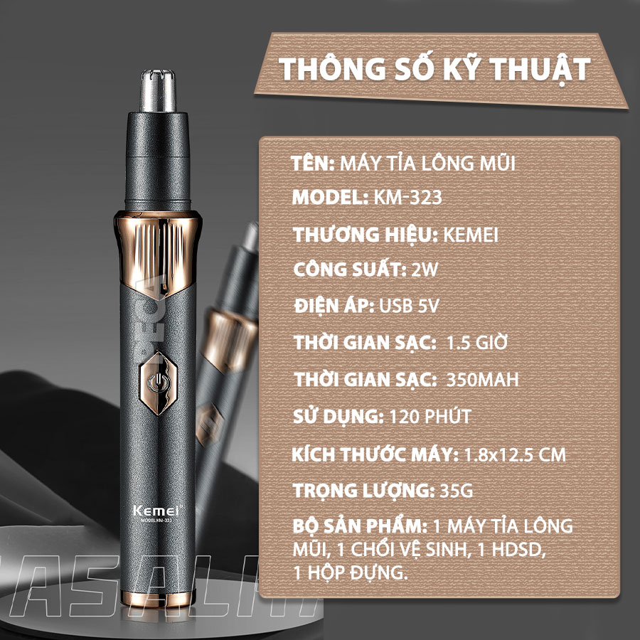 Máy tỉa lông mũi Kemei KM-323 dùng pin sạc USB tiện lợi - Hàng chính hãng