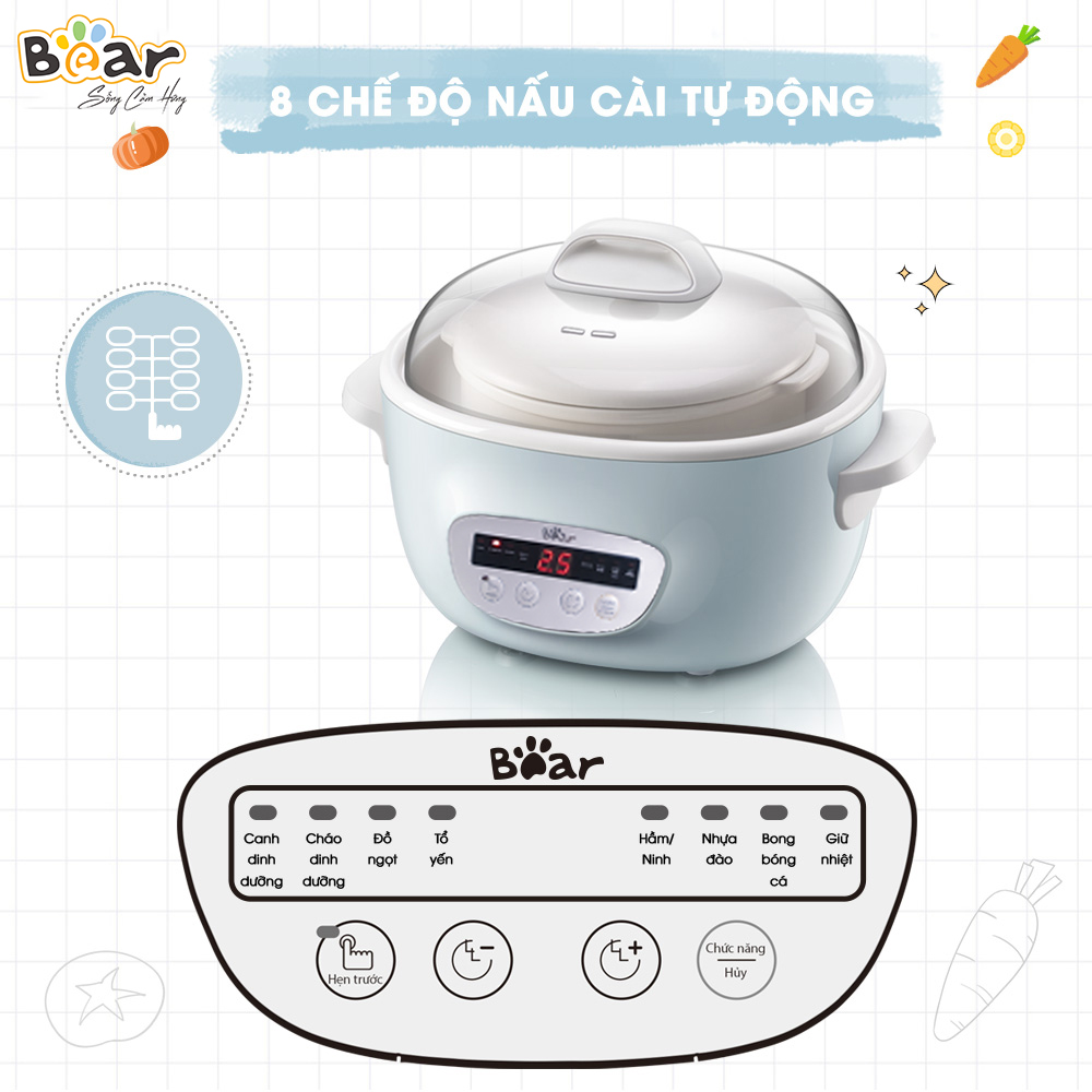 Nồi nấu chậm Bear 2.5L có lồng hấp (5 thố sứ)- Có lồng hấp (Hàng chính hãng)