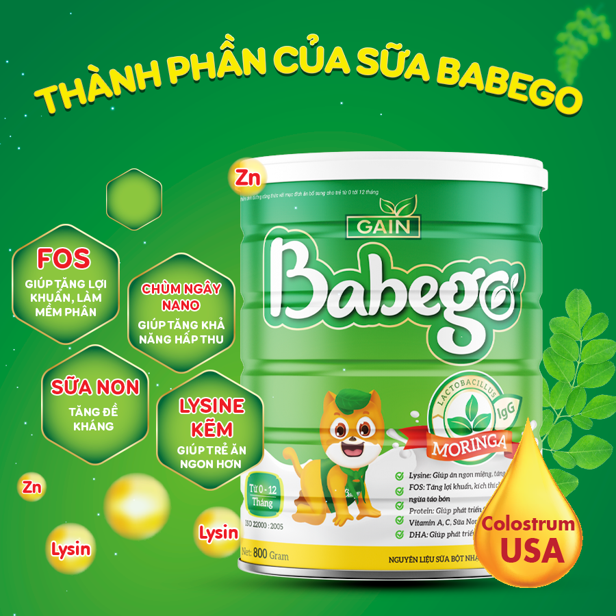 Sữa mát tăng cân, cải thiện biếng ăn và táo bón Babego từ 0 - 12 tháng, 800G