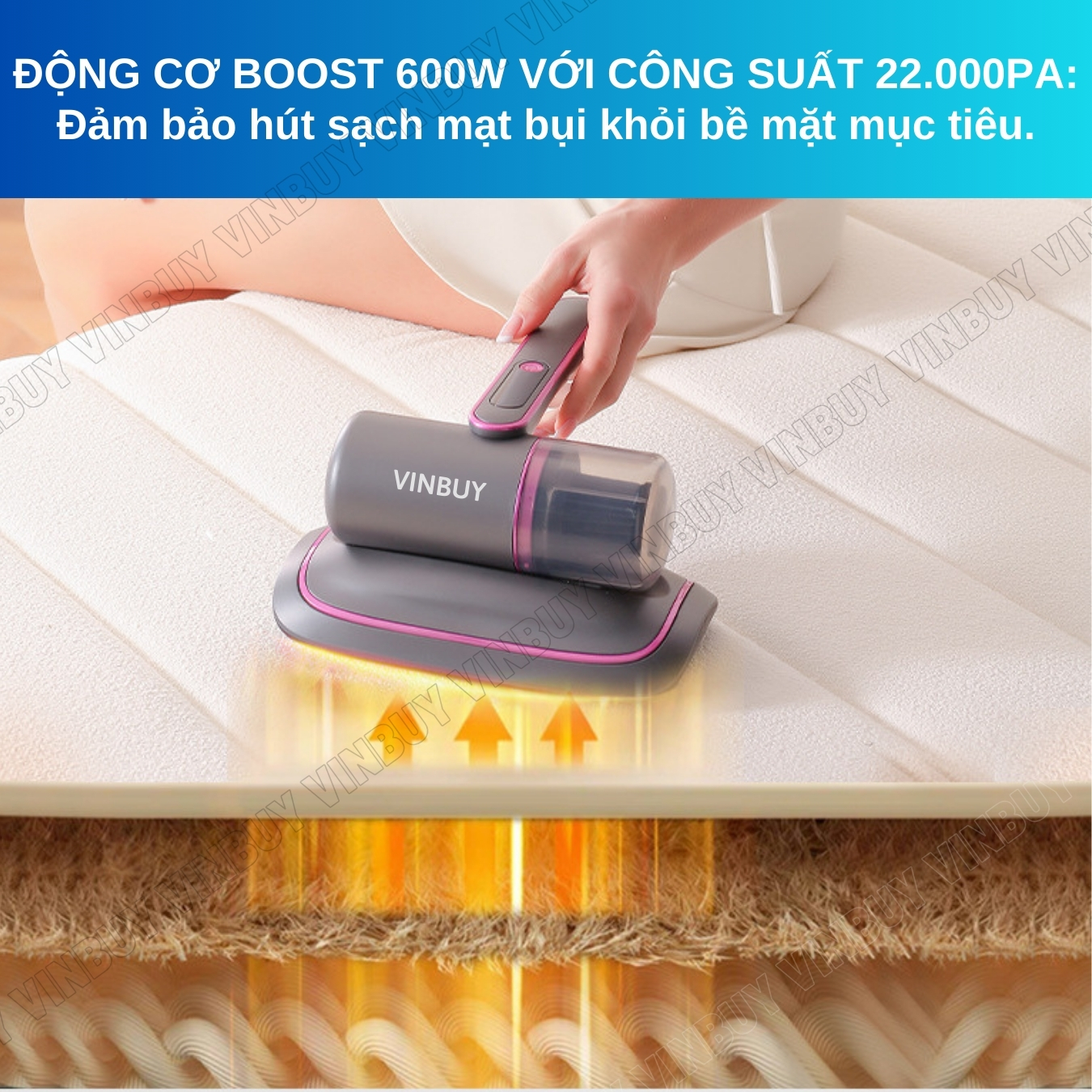 Máy hút bụi giường nệm diệt khuẩn UV, cầm tay pin sạc không dây lực hút mạnh 22000PA - Hàng chính hãng VINBUY