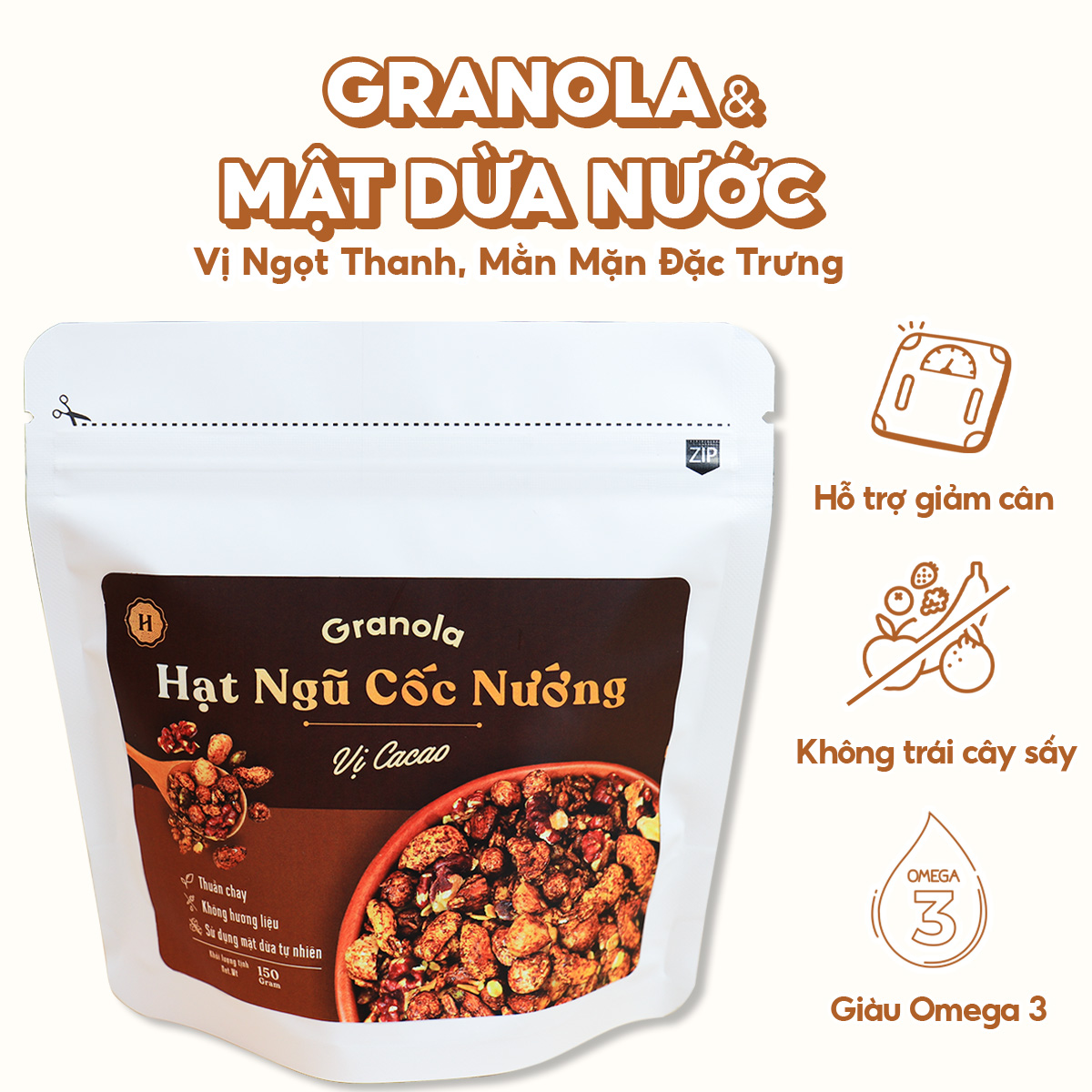 Granola nướng giòn tan - Vị Cacao túi 150g - Dùng mật dừa nước, 0 trái cây sấy, GI thấp - Hạt ngũ cốc giảm cân - HeydayCacao