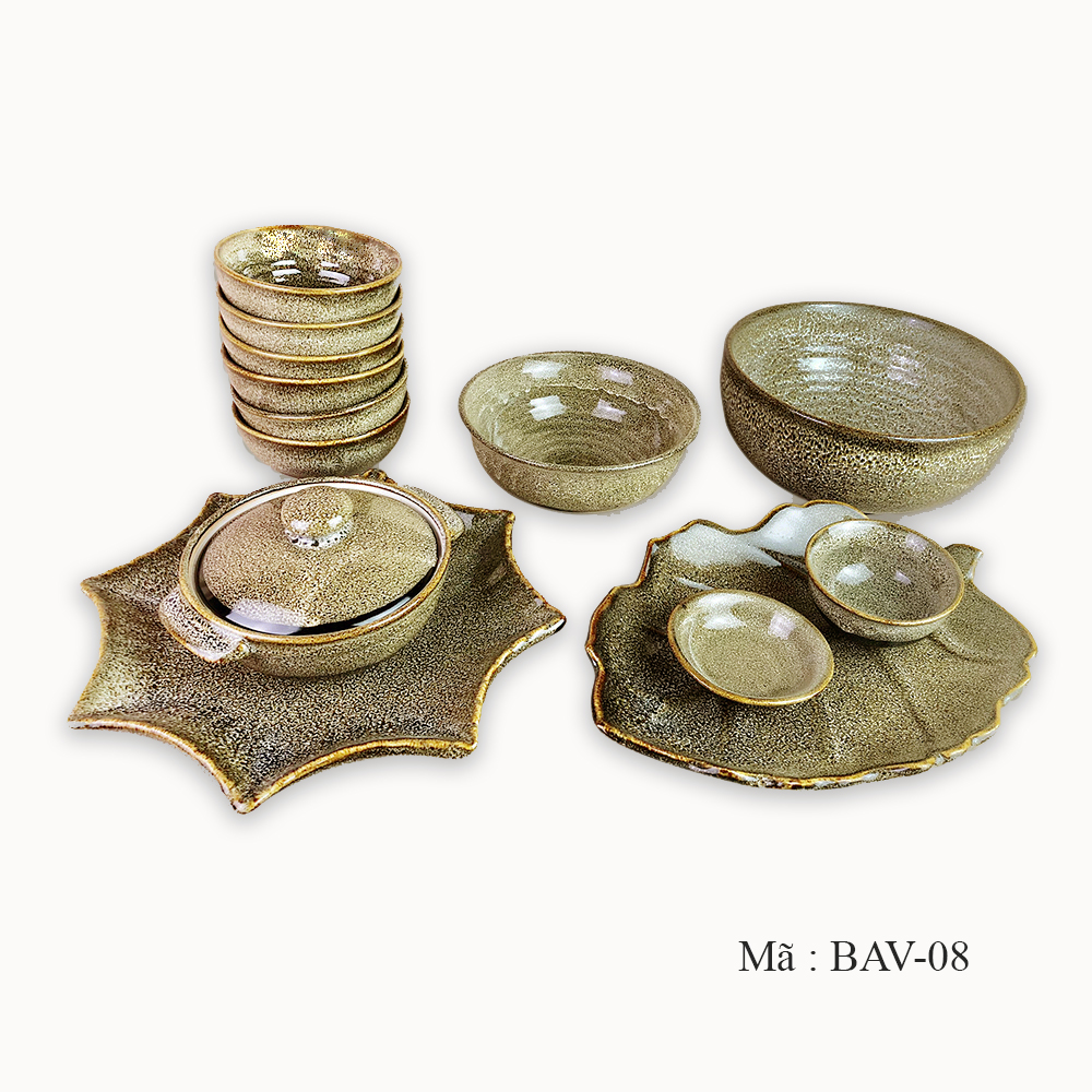 Bộ đồ ăn men gấm vàng hoả biến BAV-08 - Set Đồ Ăn Gấm Vàng Cao Cấp Bát Tràng - Sản phẩm gốm thủ công cao cấp.