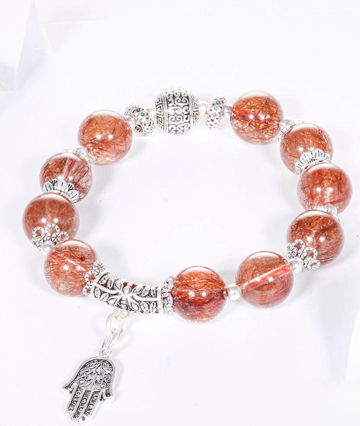 Vòng tay đá thạch anh tóc đỏ mix bàn tay hamsa bạc hạt đá 11mm mệnh hỏa, thổ - Ngọc Quý Gemstones