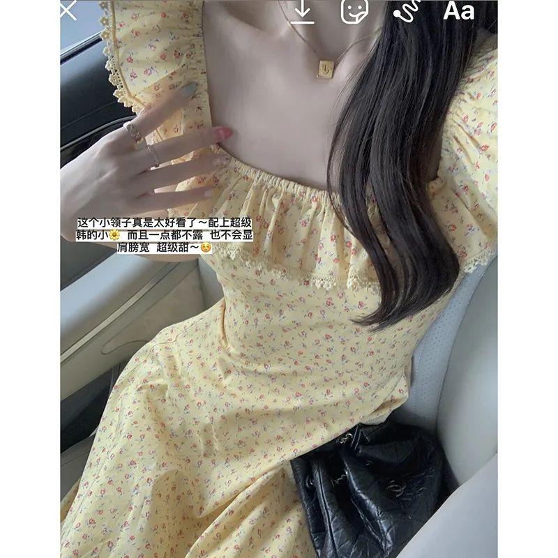 TOBE1SHOP Trà nghỉ kiểu Pháp cổ vuông tay áo nhỏ màu vàng hoa đầm nhỏ thắt lưng lộ vẻ gầy mùa hè váy dài đến mắt cá chân