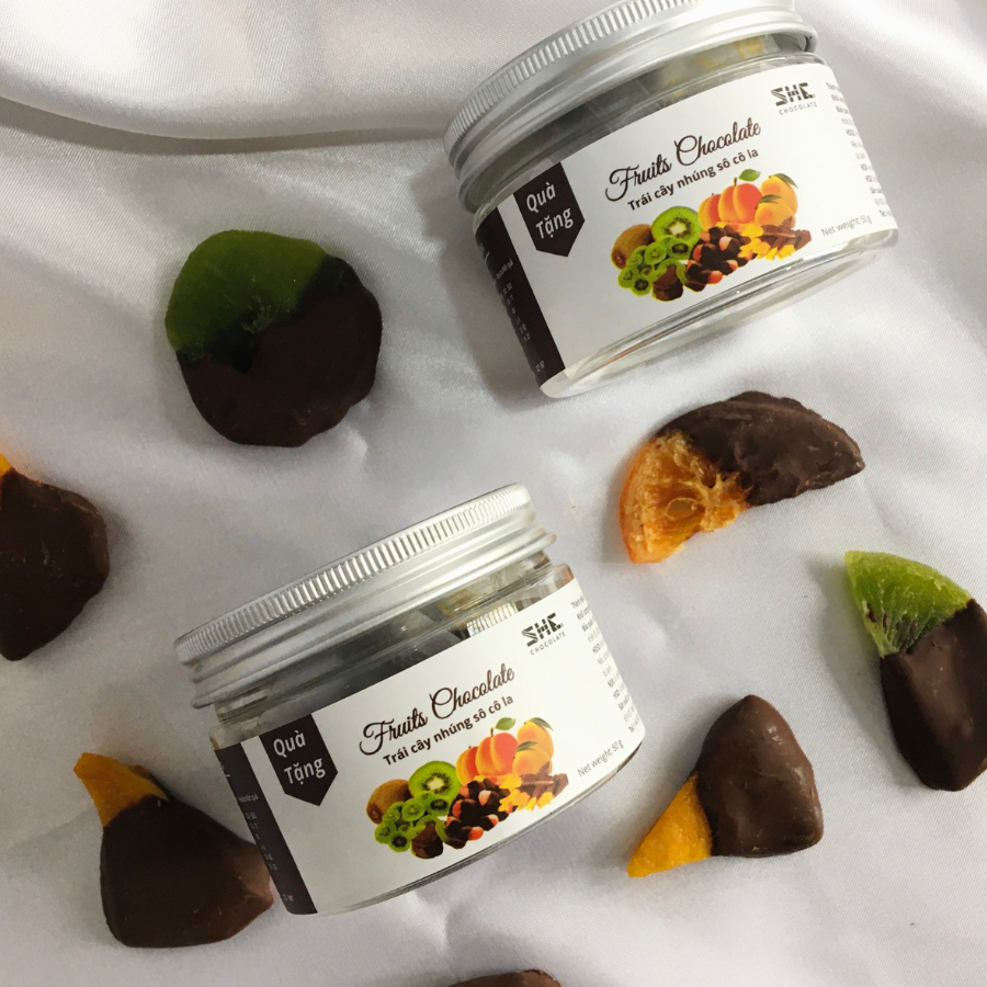 Trái cây sấy dẻo kiwi, xoài, cam nhúng socola Hũ 50g - 500g SHE Chocolate - Bổ sung năng lượng, đa dạng vị giác. Quà tặng người thân, dịp lễ, thích hợp ăn vặt