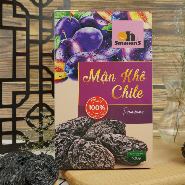 Mận Khô Smile Nuts Chile hộp giấy 500g - Nhập khẩu từ Chile (Khô tự nhiên trên cát nóng, giữ trọn vị chua ngọt tự nhiên, hoàn toàn không tẩm đường)