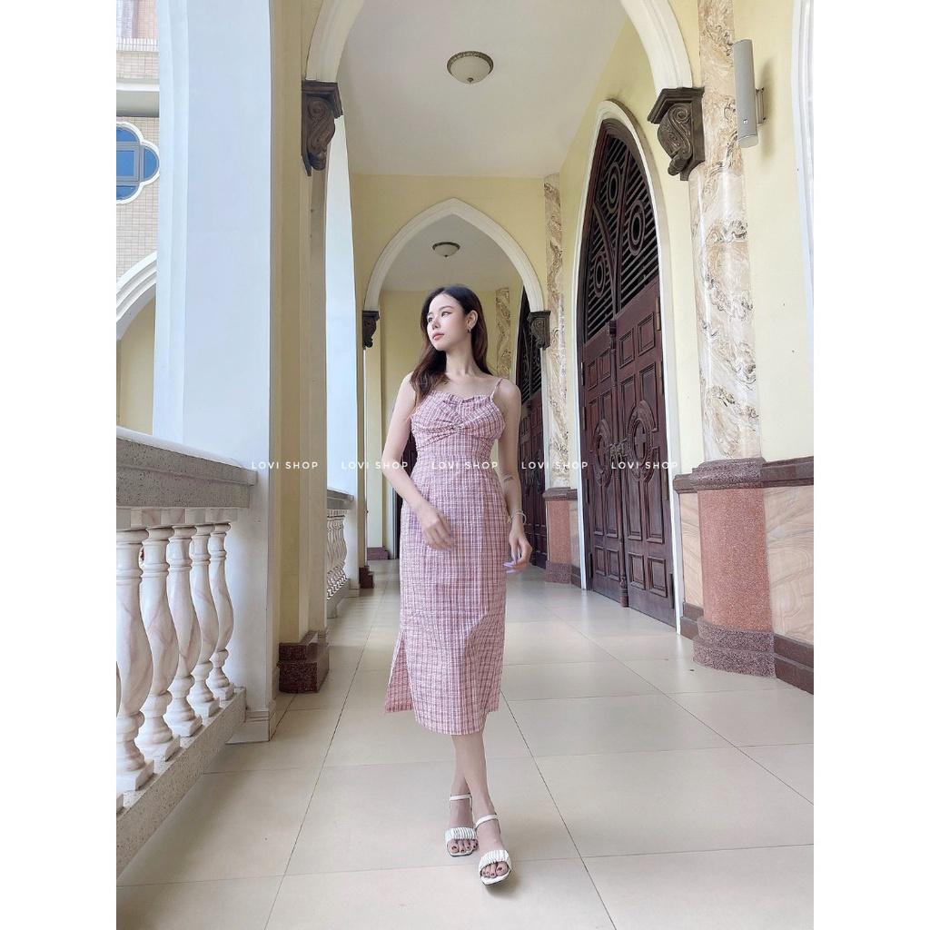 Váy Đầm hai dây caro nơ xoắn ngực suông dài (Checked dress) nhà LOVI