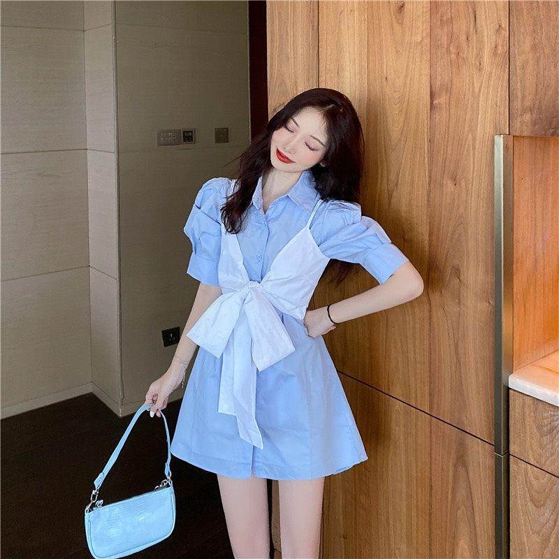 Bộ Đầm Sơ mi Nữ Phối Yếm Nơ Cúc Cài Cộc Tay 3 Màu Q073