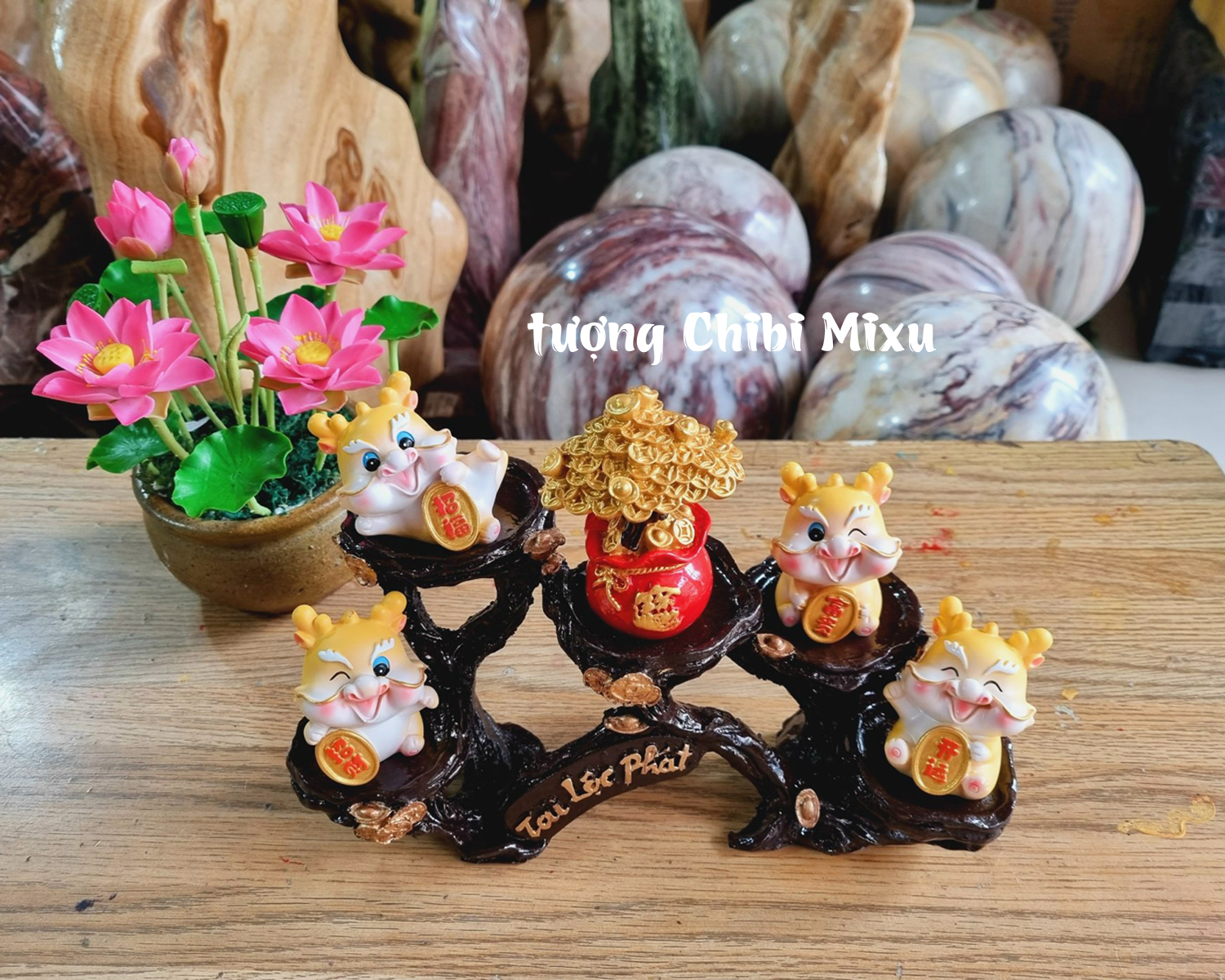Bộ 04 tượng Rồng vàng kèm cây tiền và chân đế ngang Tài Lộc Phát Giàu có Đồ trang trí Quà tặng