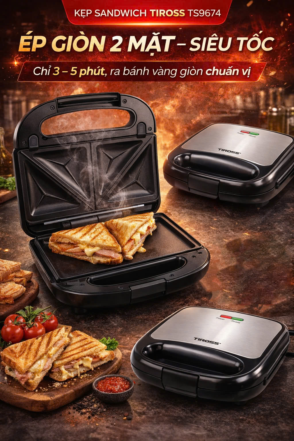 Kẹp nướng bánh sandwich TIROSS TS9674 - Hàng chính hãng