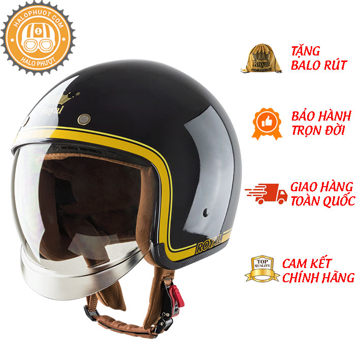 Mũ bảo hiểm Royal kính âm M139 tem V10 đen line vàng