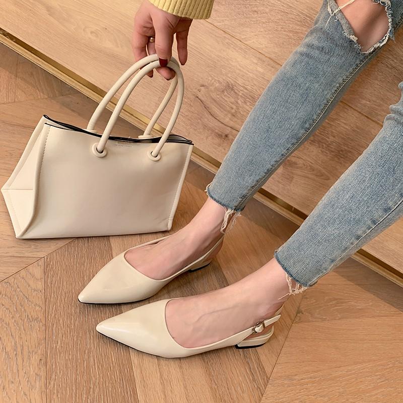 Giày cao gót thời trang mũi nhọn phối dây hở gót cao 2cm màu kem
