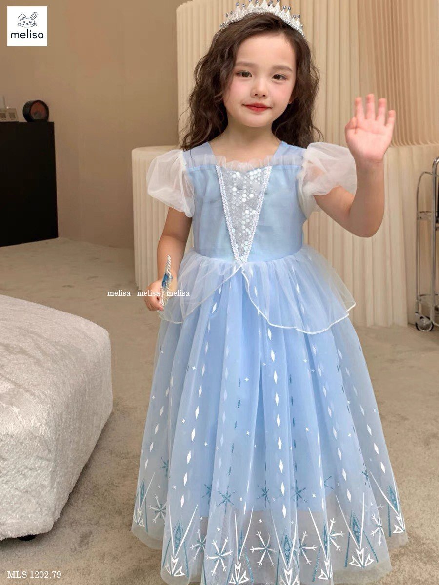 Đầm voan công chúa cho bé gái dự tiệc diện tết đẹp hình Elsa size 10-40kg hàng thiết kế cao cấp