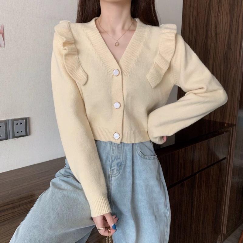 Áo len croptop dài tay cổ chữ V phong cách Hàn Quốc