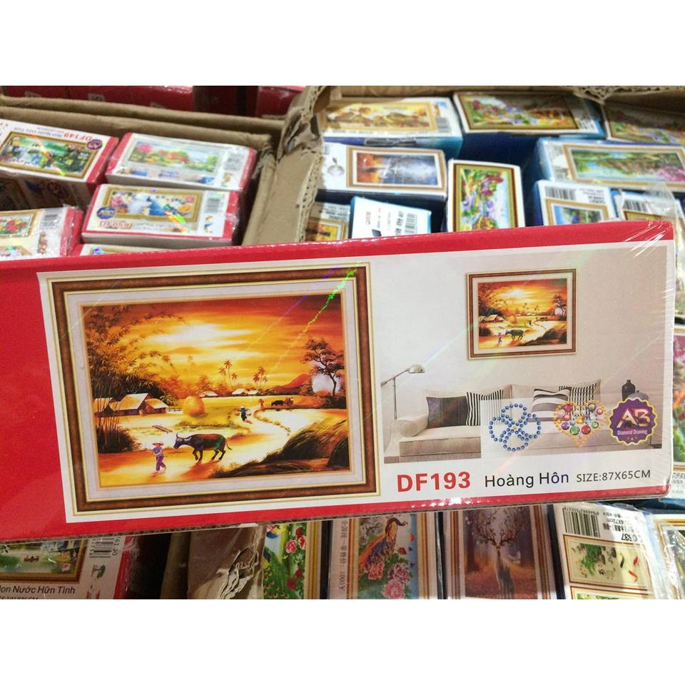 Tranh đính đá cao cấp Cảnh Quê Lúc Hoàng Hôn chưa đính