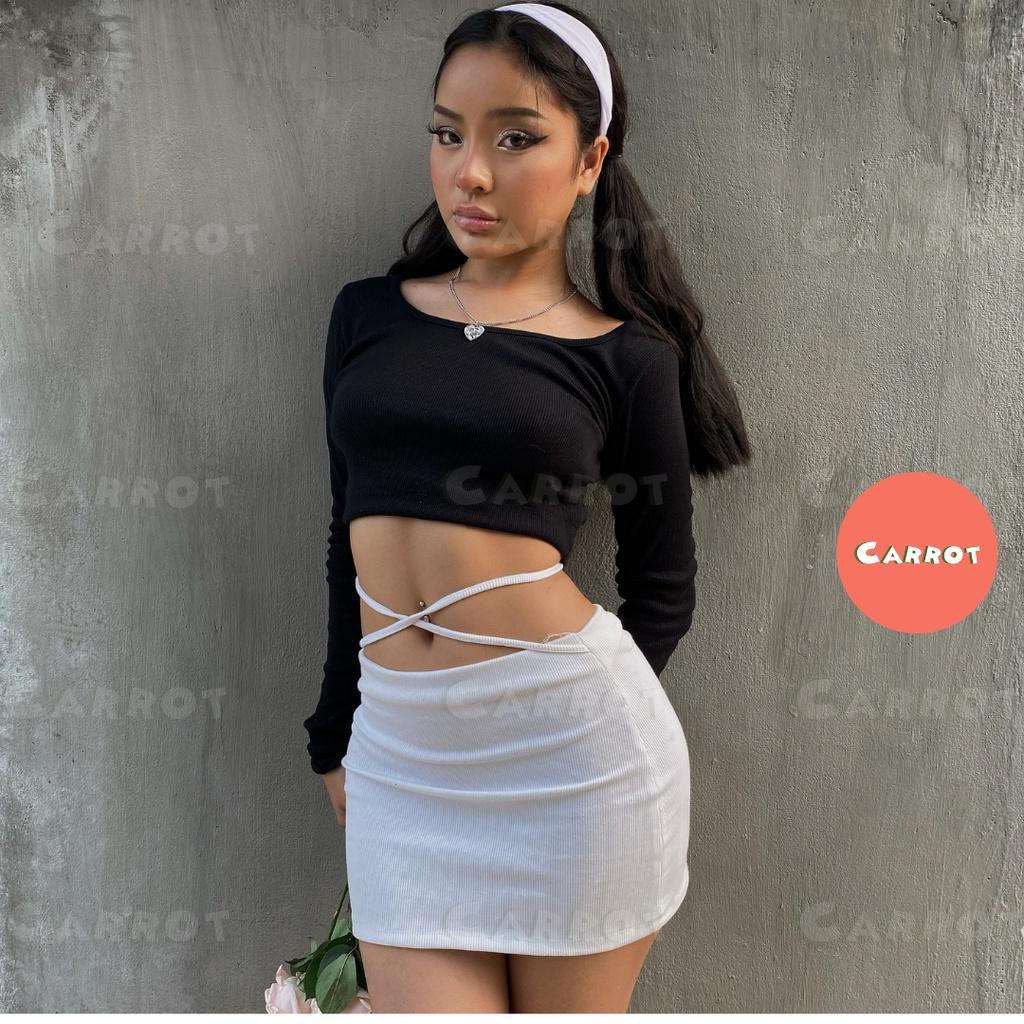 Croptop đen tay dài chân váy trắng basic ôm eo cột dây tôn dáng chất thun trendy thời trang nữ carrotxinhdep