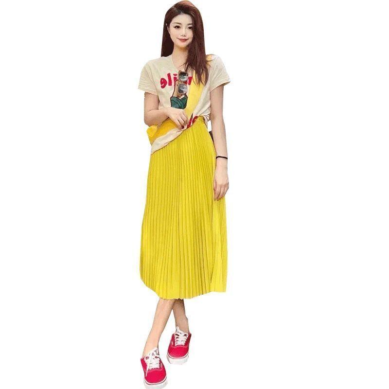 TOBE1SHOP Váy Hồng Kông nhẹ nhàng, hoạt bát, áo thun ngắn tay, thắt lưng mềm mại, váy xếp nếp, con cái mùa hè.