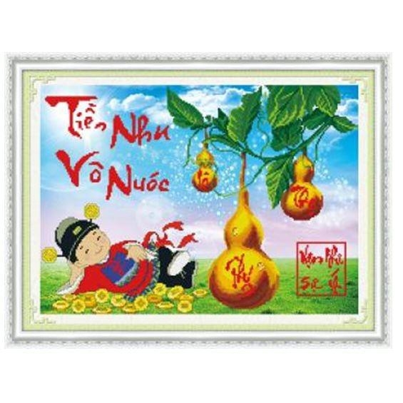 Tranh thêu chữ thập 3D Tiền Vô Như Nước  chưa thêu