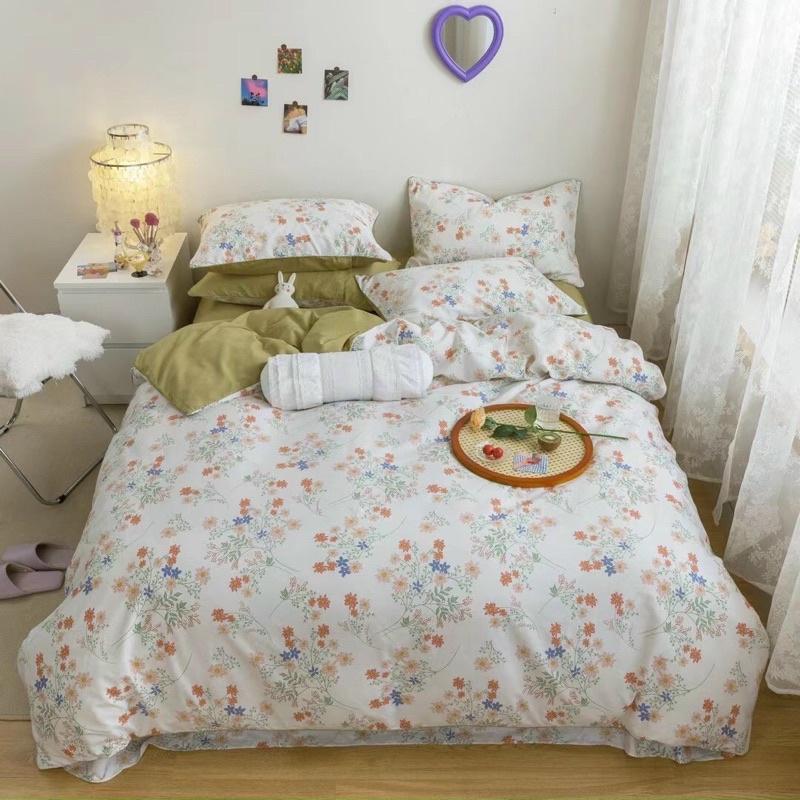 Set Chăn Ga Gối Côtton Living 100%cotton Hàng Nhập Khẩu Cao Cấp 4 Món Hoa Trắng Ga Xanh