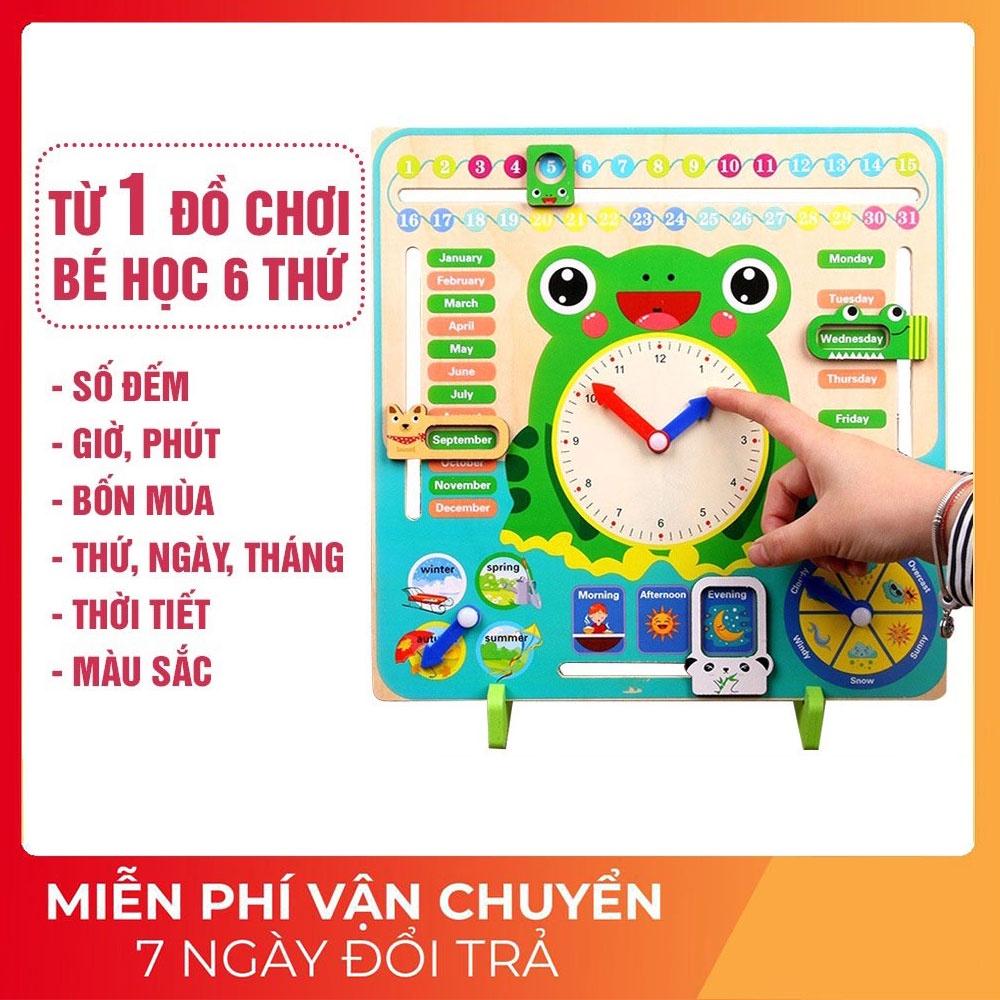 Đồng hồ gỗ hình con ếch giúp bé học thời gian, thứ ngày tháng, thời Tiết, mùa trong năm