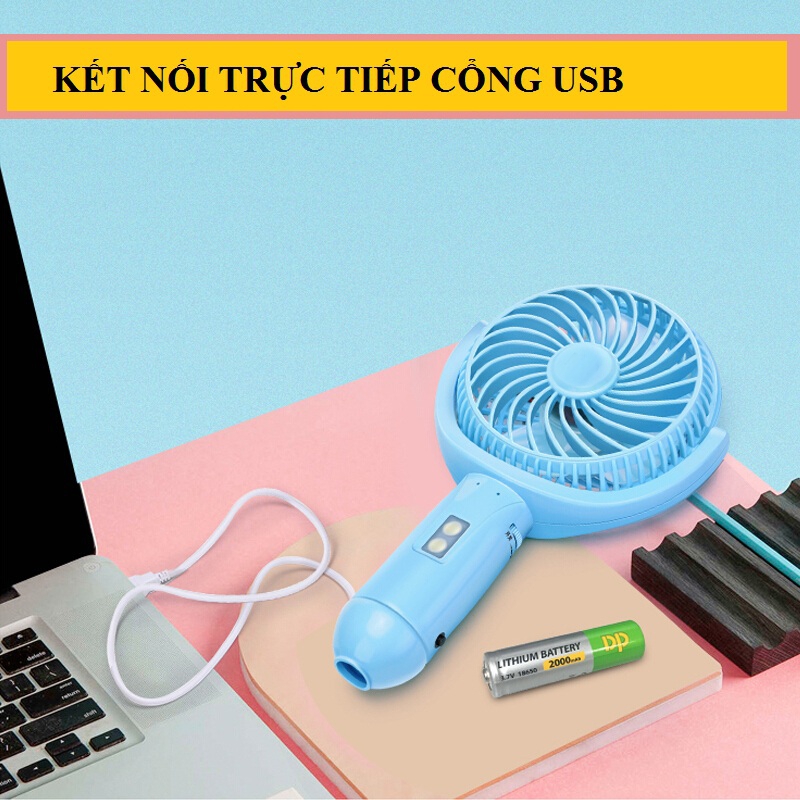 Quạt sạc mini cầm tay - để bàn  kèm đèn pin (giao màu ngẫu nhiên)