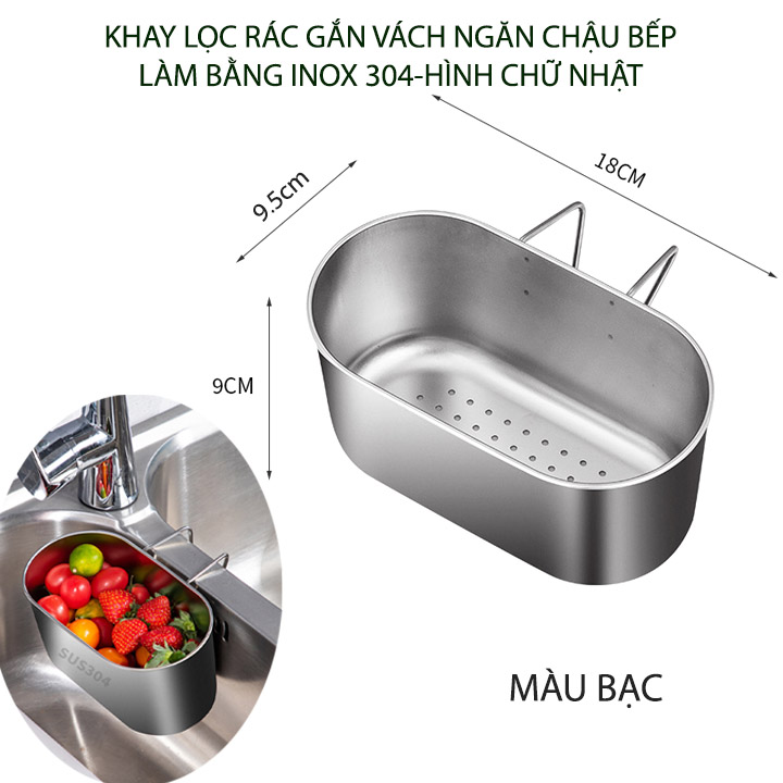 Khay lọc rác lọc đồ thừa gắn vách ngăn chậu rửa bát đôi, làm bằng inox 304 (I304P2)