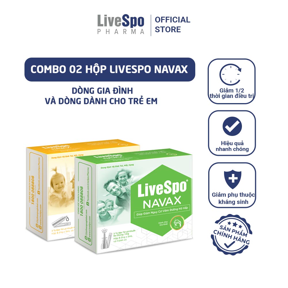 Combo Hộp nước muối sinh lý bào tử lợi khuẩn LiveSpo Navax Kids - Dành cho trẻ sơ sinh và trẻ em 5 ống x 5ml + Nước muối sinh lý bào tử lợi khuẩn LiveSpo Navax Family - Dành cho gia đình 5 ống x 5ml