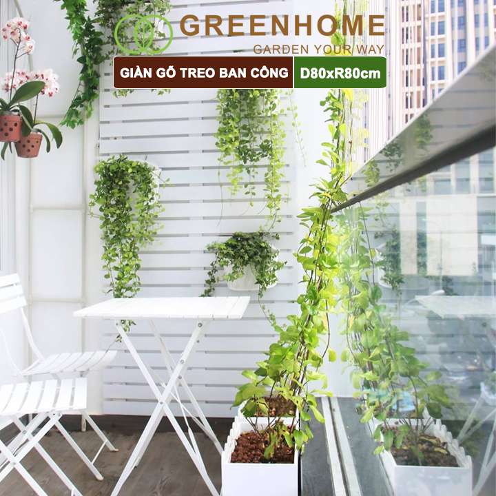 Giàn gỗ treo ban công, R80xC80cm, gỗ tràm siêu bền, màu trắng, làm khung hoa hồng leo, bông giấy |Greenhome