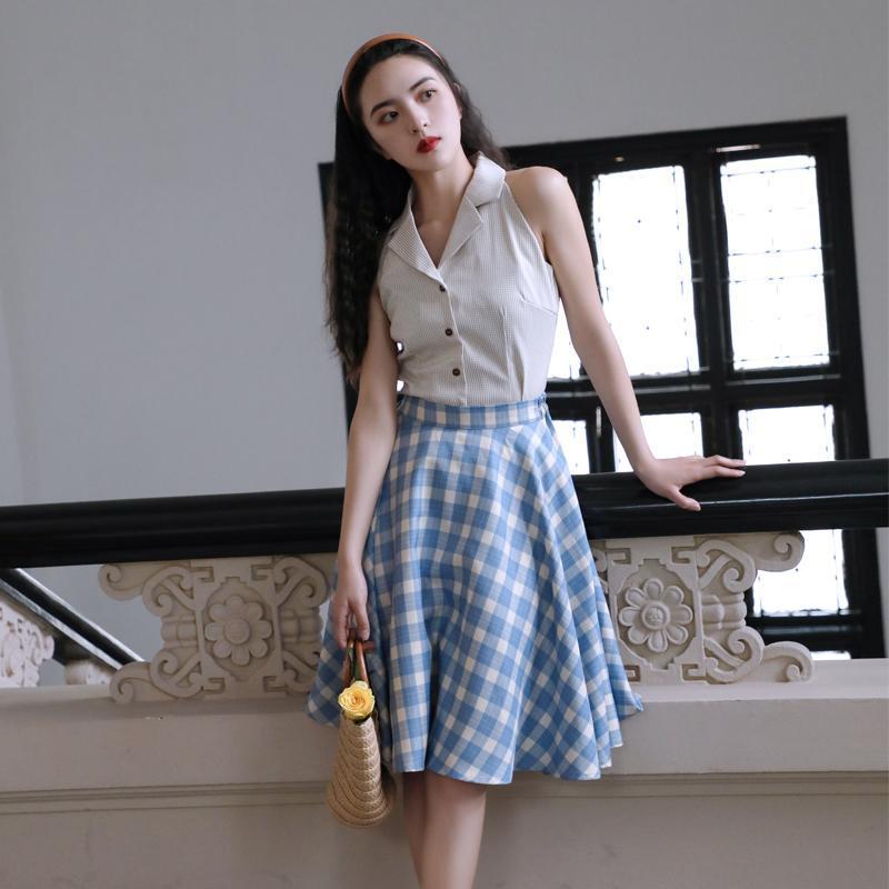 DONGSHOP Mùa hè năm 2025, váy kẻ caro màu xanh lá cây, váy chữ A, kiểu Pháp, thắt lưng, váy xòe, nữ tính.