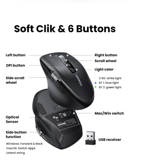 Chuột không dây Ugreen 45792 Bluetooth 5.4 &amp; Wireless 2.4GHz 5000DPI 5 cấp độ - Hàng chính hãng